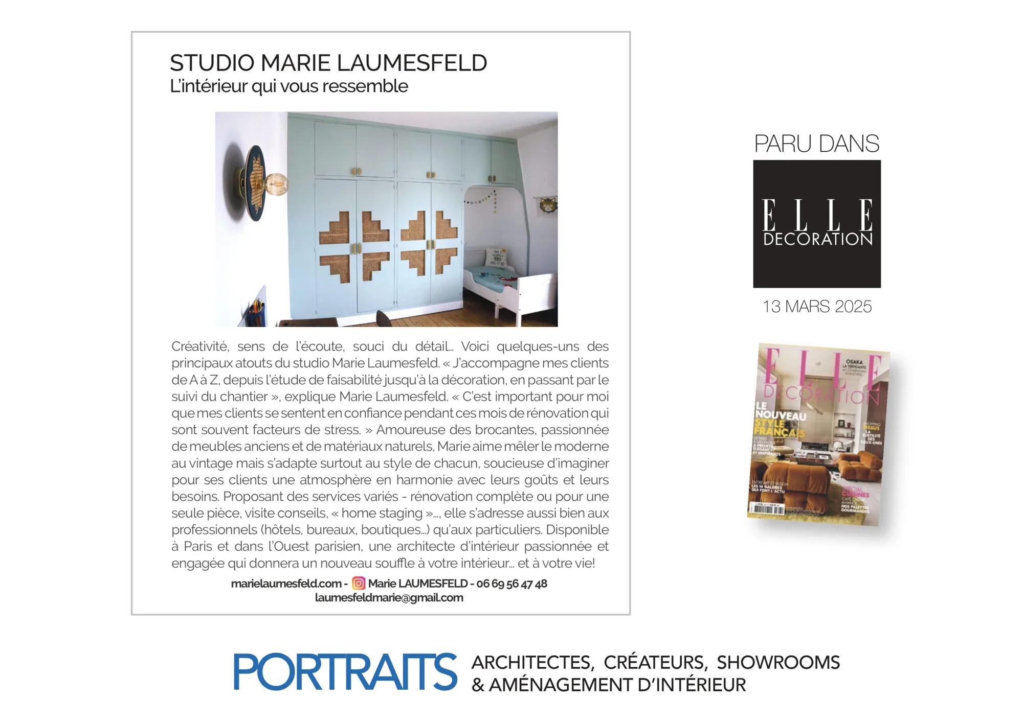Article ELLE Décoration consacré au Studio Marie Laumesfeld